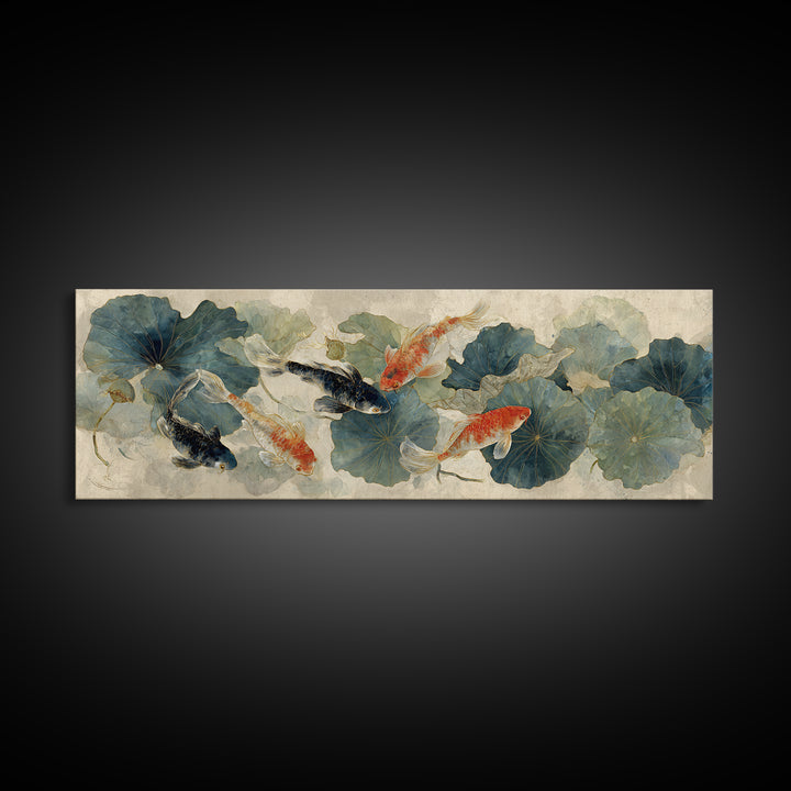 Koi Fish Beneath Floating Lotus Leaves Canvas Print, Zen Art, Neutral Wall Art, Living Room Decor, Fine Art, Zen, ZEN-3x1-20