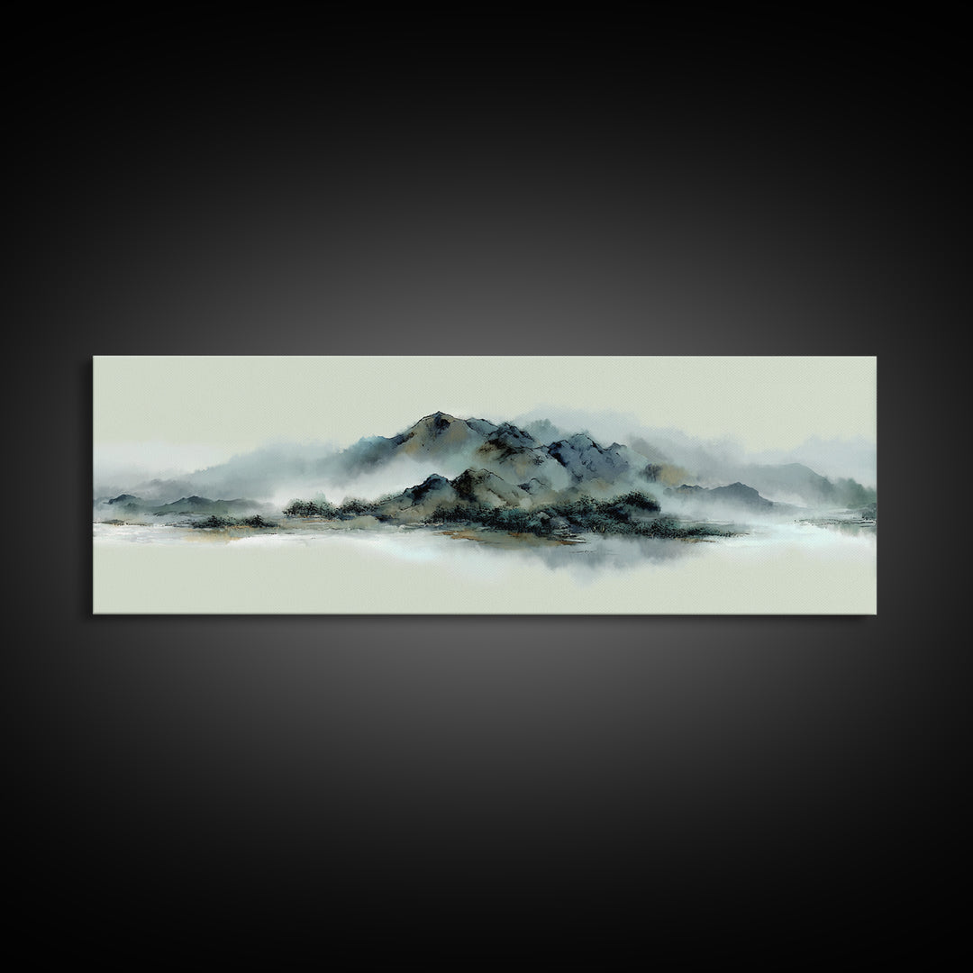 Minimal Mountain in Fog with Empty Space Framed Canvas Print, Zen Art, Luxury Decor, Living Room Decor, Fine Art, Zen, ZEN-3x1-69