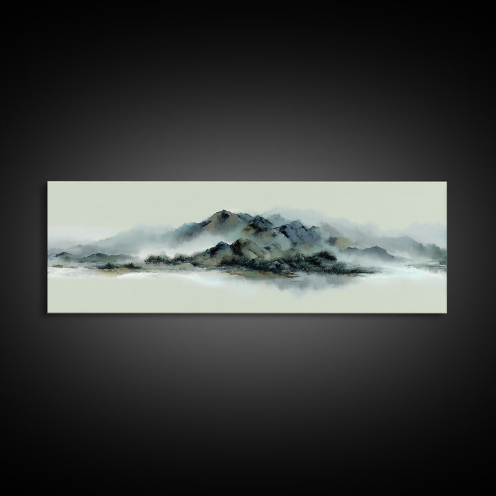 Minimal Mountain in Fog with Empty Space Framed Canvas Print, Zen Art, Luxury Decor, Living Room Decor, Fine Art, Zen, ZEN-3x1-69