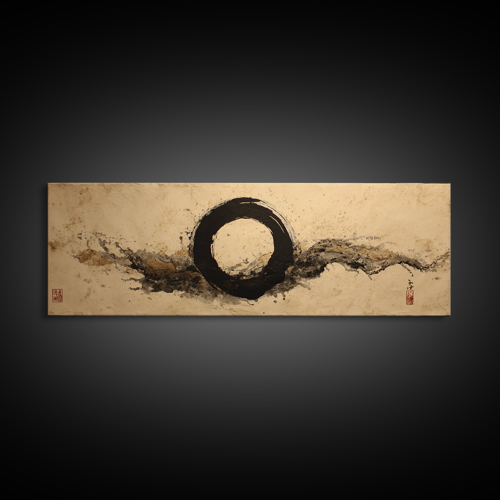 Single Black Ens Circle on Warm Paper Framed Canvas Print, Zen Art, Wall Art, Living Room Decor, Oil Painting, Zen, ZEN-3x1-89