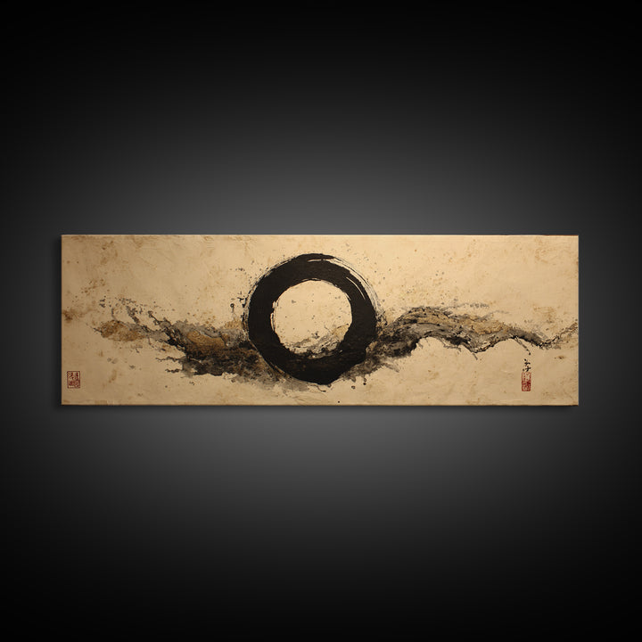Single Black Ens Circle on Warm Paper Framed Canvas Print, Zen Art, Wall Art, Living Room Decor, Oil Painting, Zen, ZEN-3x1-89