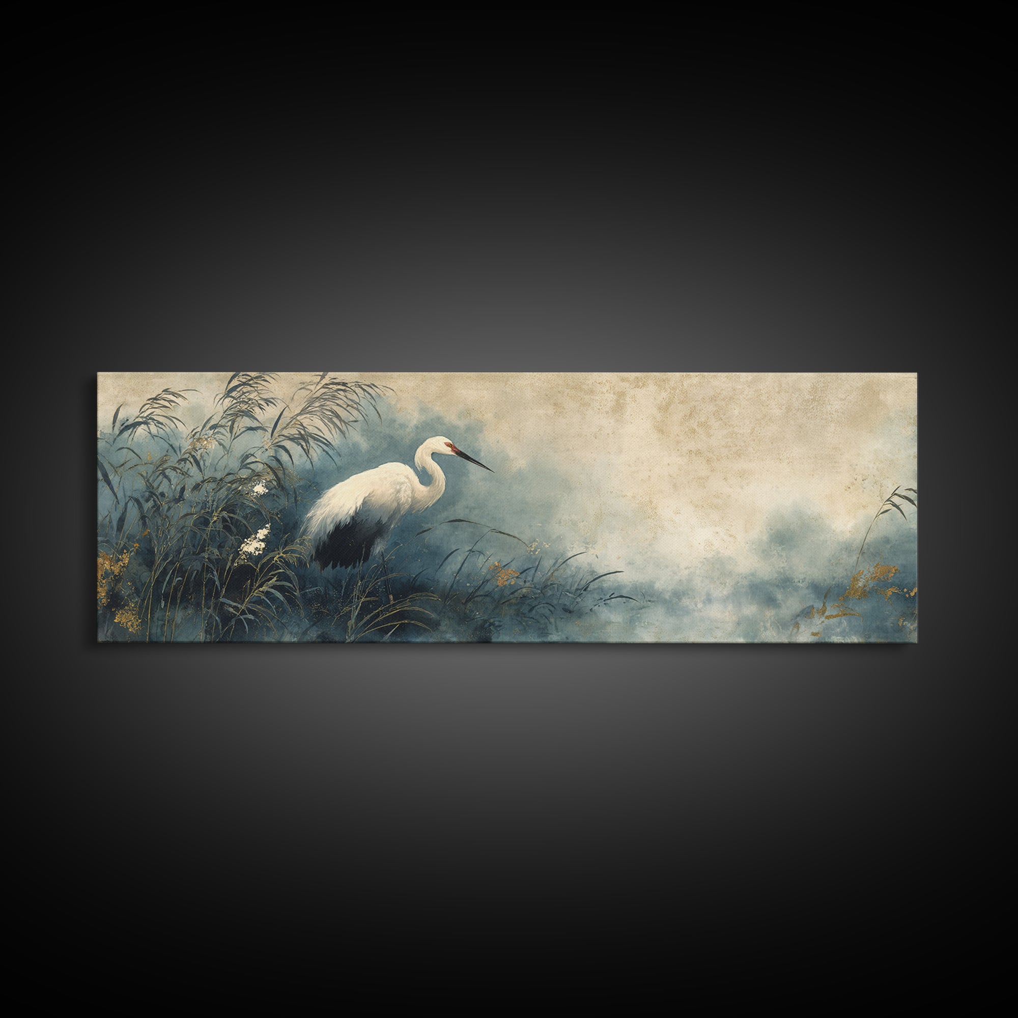 White Crane Standing Canvas Print, Zen Art, Japanese Art, Living Room Decor, Oil Painting, Zen, Contemporary Art, Gallery Decor, ZEN-3x1-95