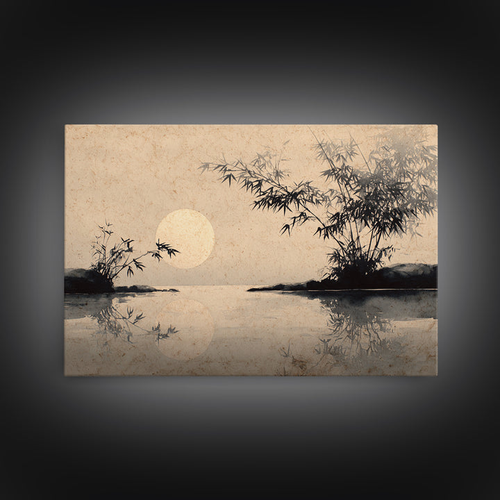 Moon Reflected in Quiet Pond Framed Canvas Print, Zen Art, Abstract Painting, Living Room Decor, Fine Art, Zen, Gallery Decor, ZEN-3x2-14