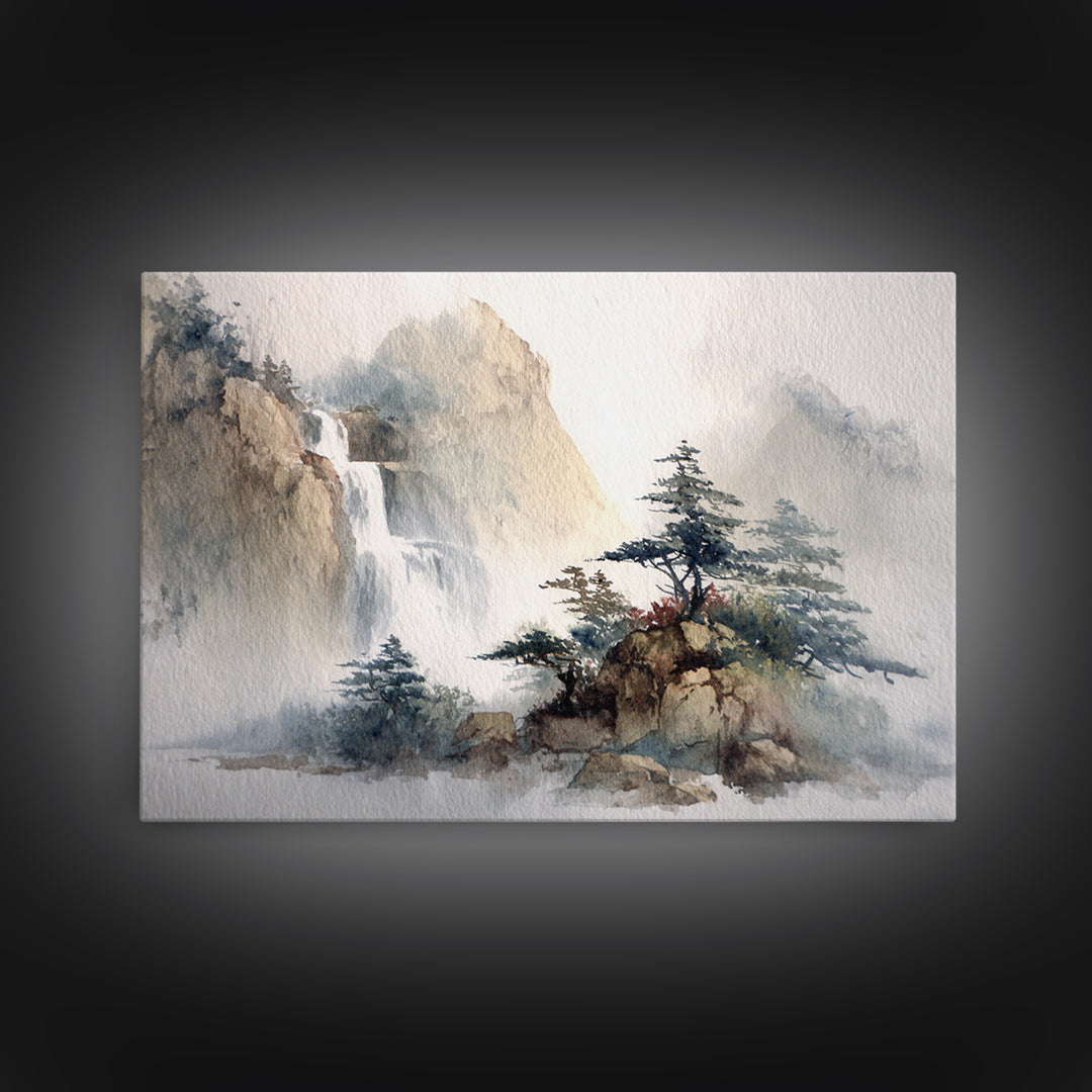 Ink Wash Waterfall Framed Canvas Print, Zen Art, Fine Art Print, Living Room Decor, Abstract Art, Zen, Printable Wall Art, ZEN-3x2-25