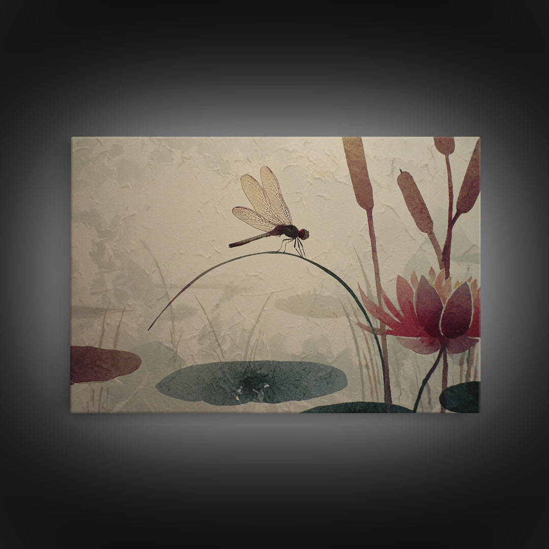 Dragonfly over Lotus Pond Canvas Print, Zen Art, Textured Painting, Living Room Decor, Watercolor Art, Zen, Abstract Art, ZEN-3x2-44