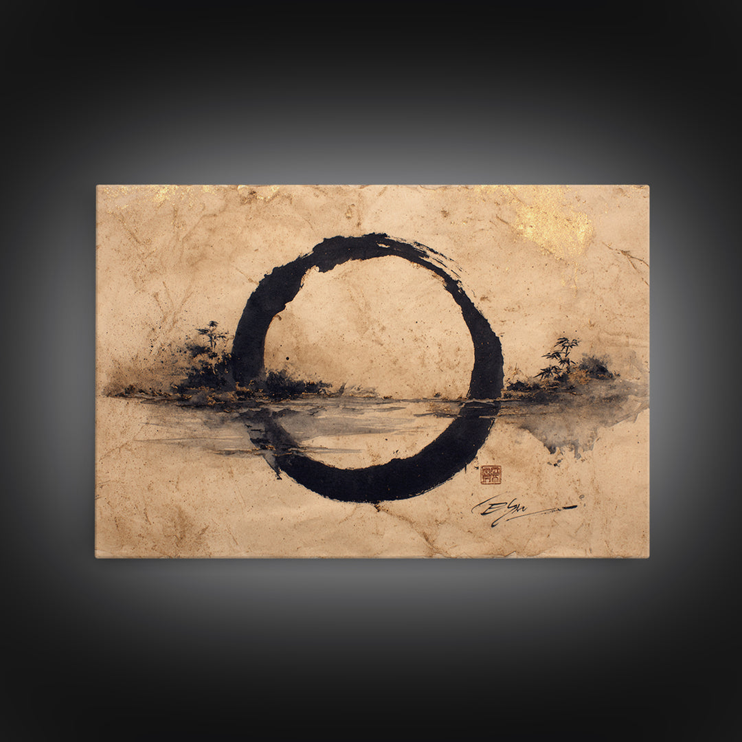 Single Black Ens Circle on Warm Paper Framed Canvas Print, Zen Art, Statement Artwork, Living Room Decor, Fine Art, Zen, ZEN-3x2-5