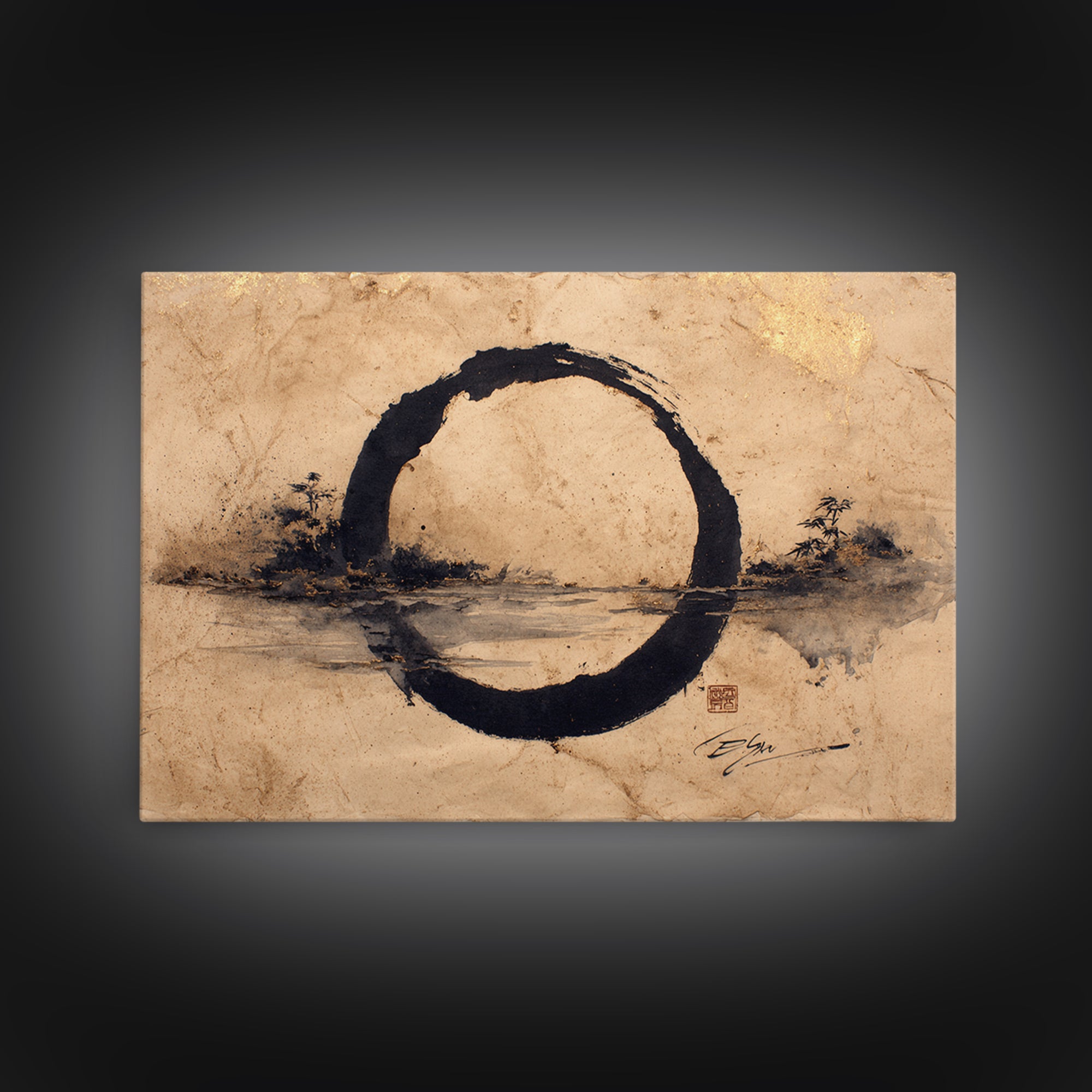 Single Black Ens Circle on Warm Paper Framed Canvas Print, Zen Art, Statement Artwork, Living Room Decor, Fine Art, Zen, ZEN-3x2-5