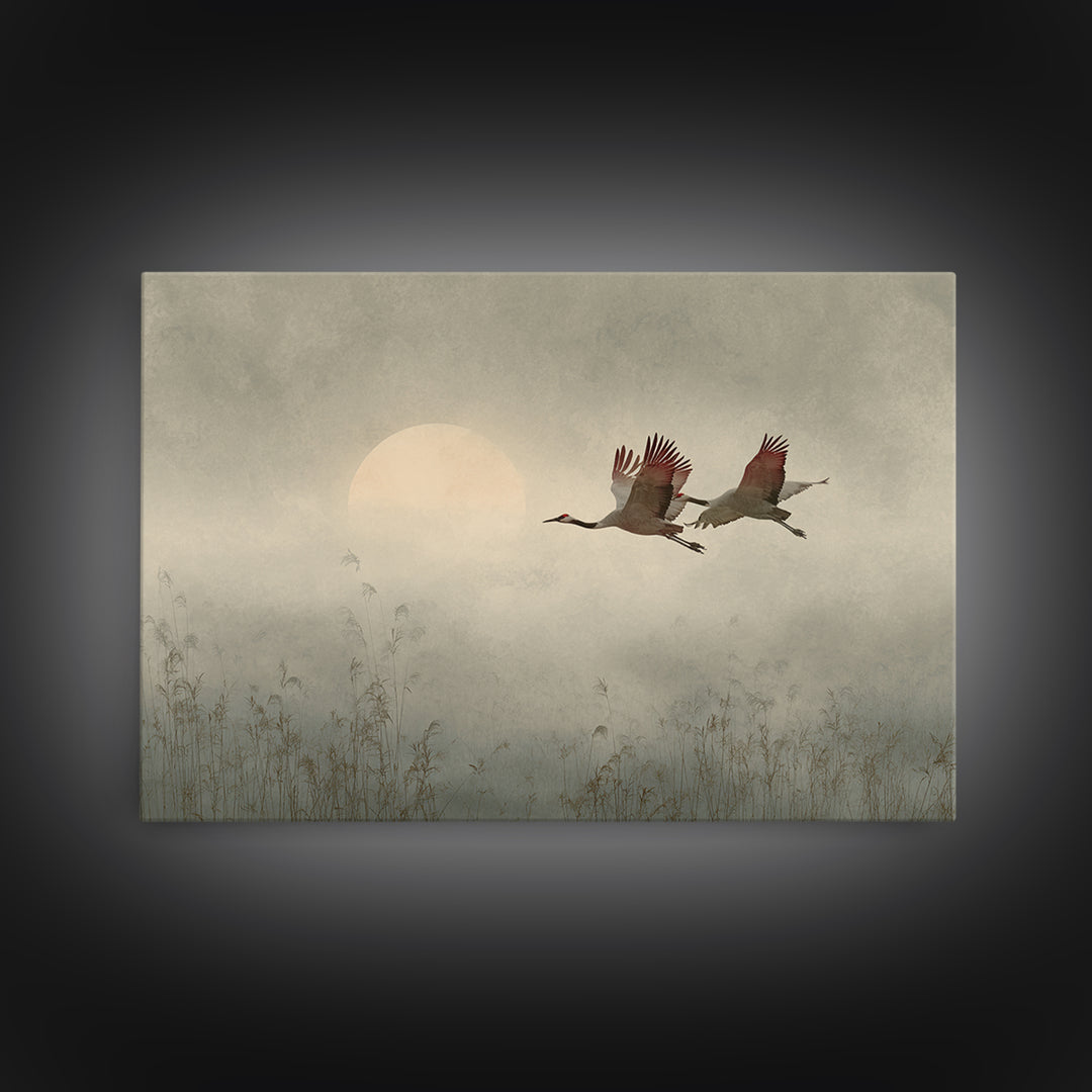Crane Flying Across Pale Sun Canvas Print, Zen Art, Boho Decor, Living Room Decor, Abstract Art, Zen, Original Painting, ZEN-3x2-52