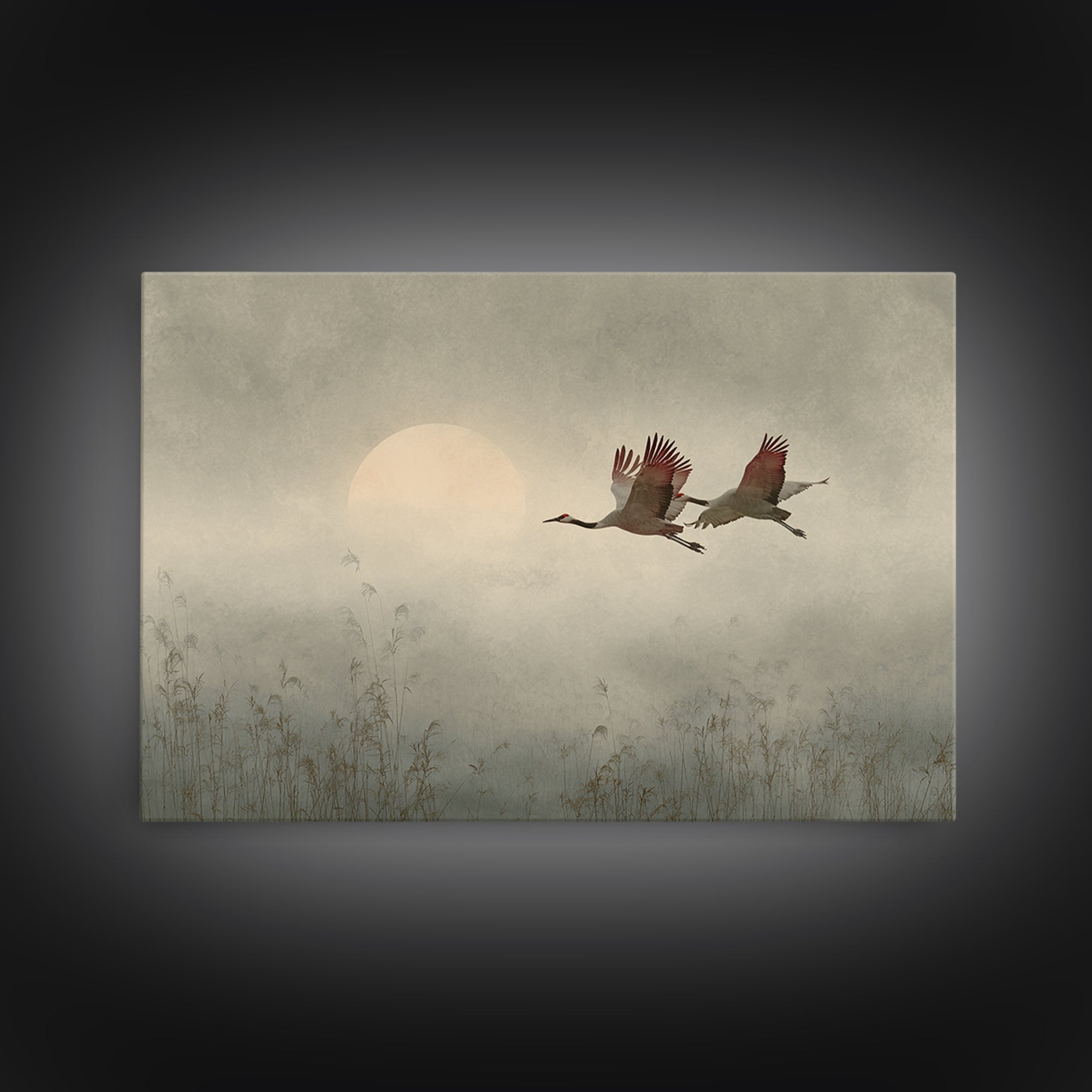 Crane Flying Across Pale Sun Canvas Print, Zen Art, Boho Decor, Living Room Decor, Abstract Art, Zen, Original Painting, ZEN-3x2-52
