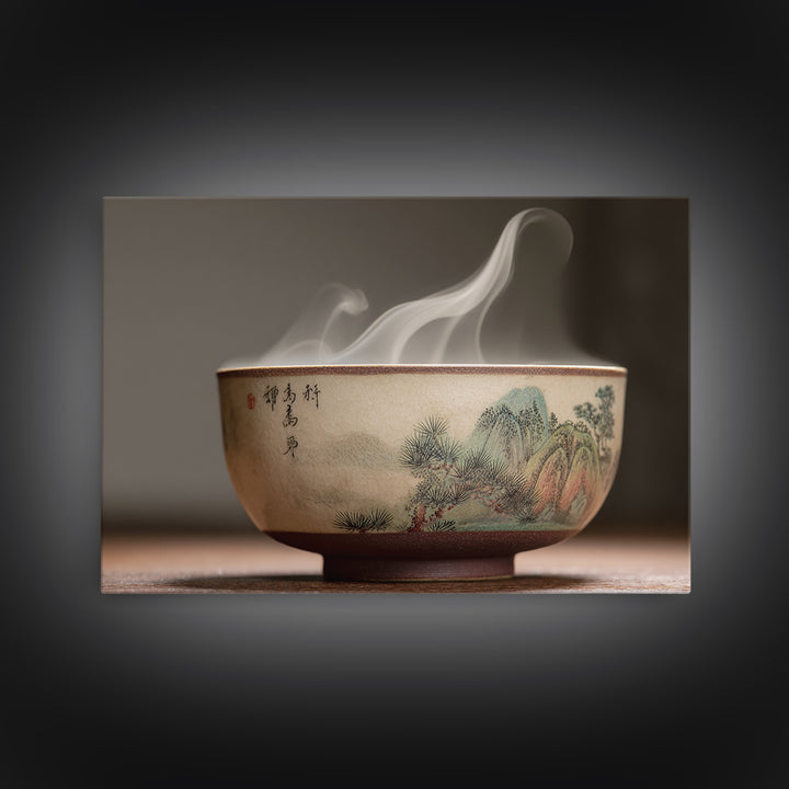 Tea Bowl with Steam Rising Gently Framed Canvas Print, Zen Art, Metal Wall Art, Living Room Decor, Zen, Japandi Wall Art, ZEN-3x2-60