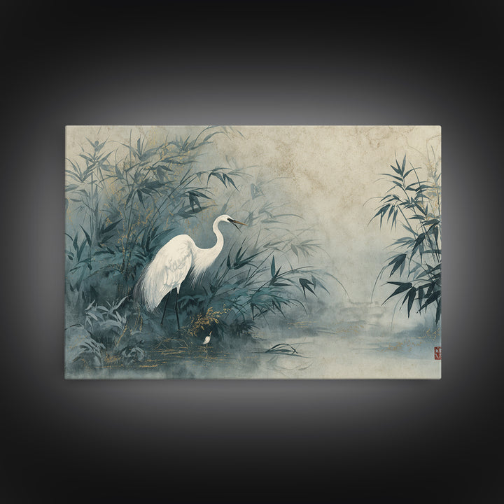 White Crane Standing Canvas Print, Zen Art, Japanese Decor, Living Room Decor, Fine Art, Zen, Luxury Decor, Textured Painting, ZEN-3x2-83