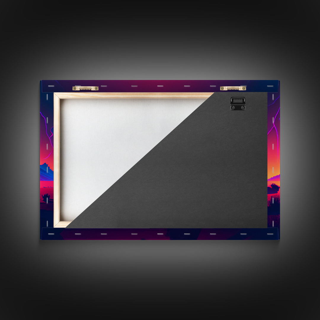 Synthwave American Buffalo, Retrowave art, herd of Bison and a setting sun, framed canvas print