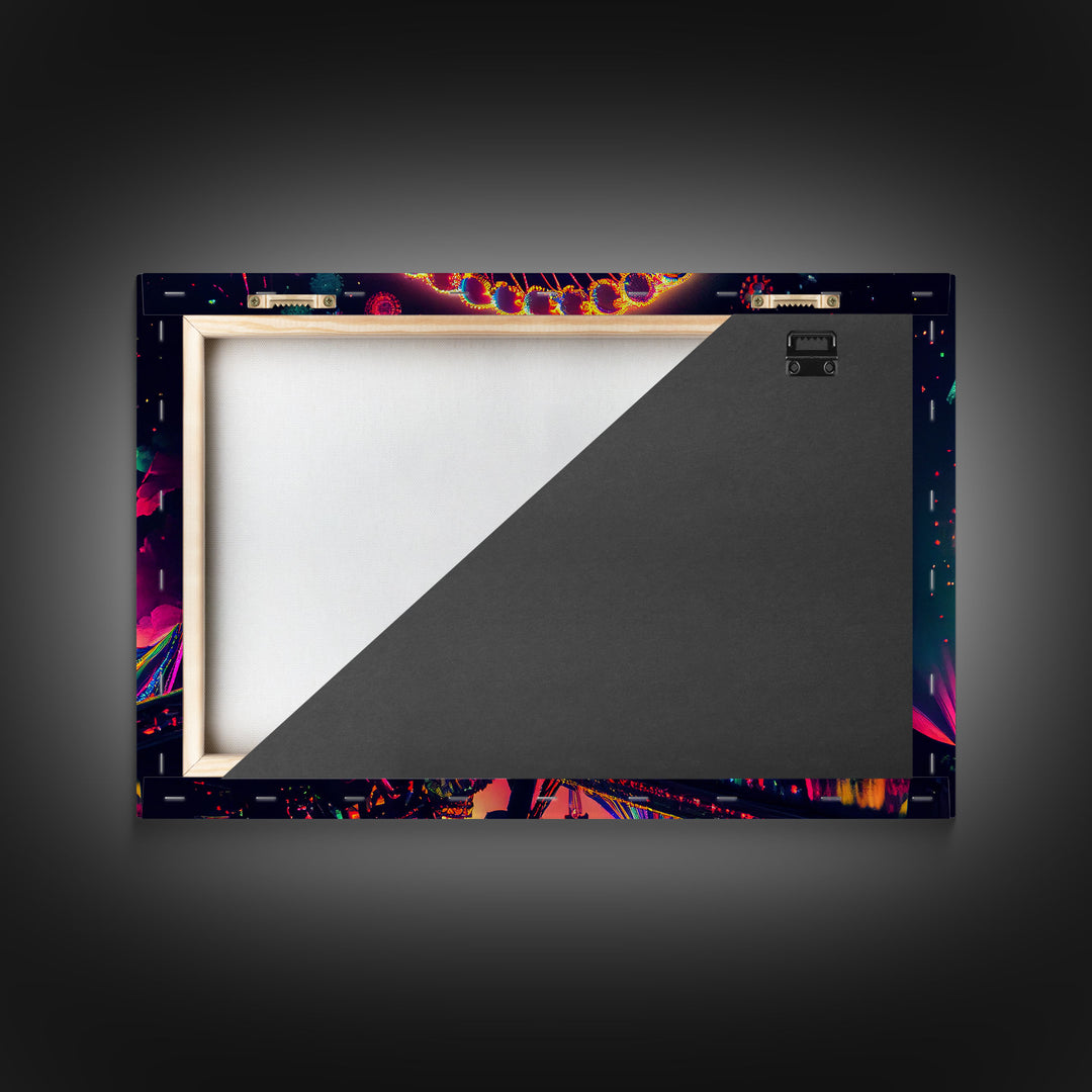 Colorful boardwalk art, neon lit night time ferris wheel, framed canvas print, framed wall art