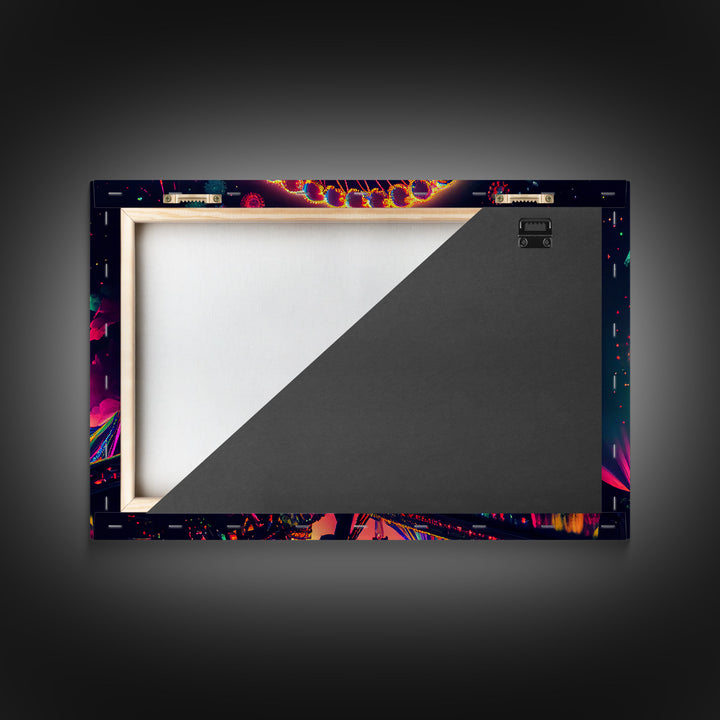 Colorful boardwalk art, neon lit night time ferris wheel, framed canvas print, framed wall art