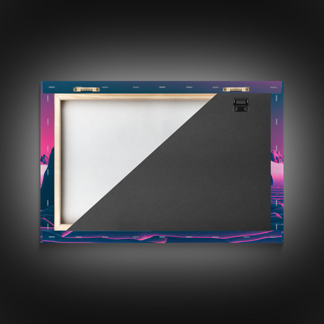 Penguins on the nice, cute animal prints, framed canvas print, synthwave / vaporwave art