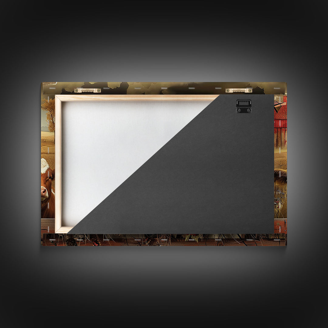 Farm Animals On The Fence, Framed Canvas Print, Cute Animal Decor, Bathroom Wall Art, Illustration, Home Decor