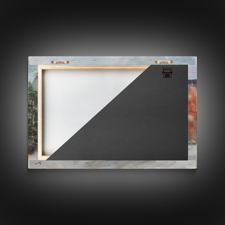 Small Town America At Christmas Time, Framed Canvas Print, Winter Scenary Wall Decor, Folk Art Framed Canvas, Metal Wall Art Living Room