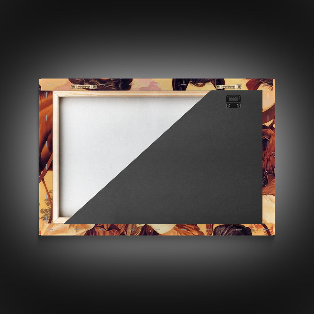 Vintage Cowboys Painting Print Horse Wall Art Canvas Hunting Southwest Sketch Drawing Poster Framed Antique Country Rustic Farmhouse Decor