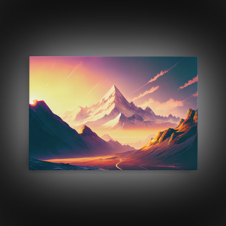 Watercolor mountain at sunset, pastel, subdued colors, framed canvas print