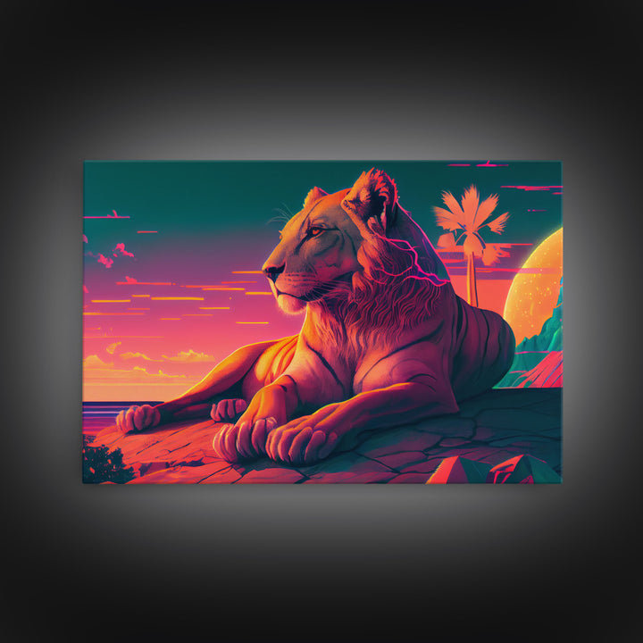 Lion contemplating life on a cliff, vibrant and colorful synthwave retro style art, framed canvas print
