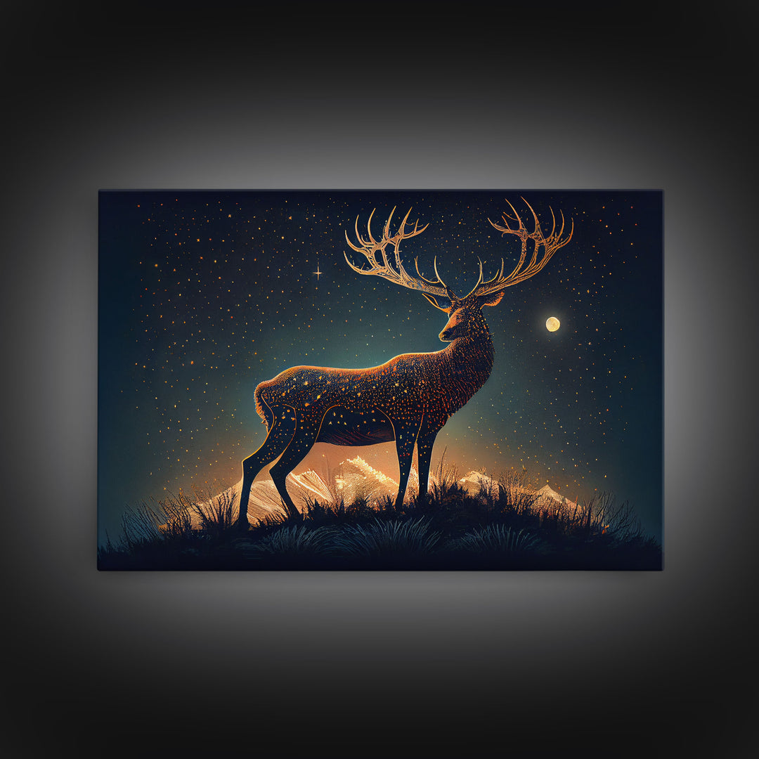 Deer made of stars, reflection stag, framed canvas print, unique wall art
