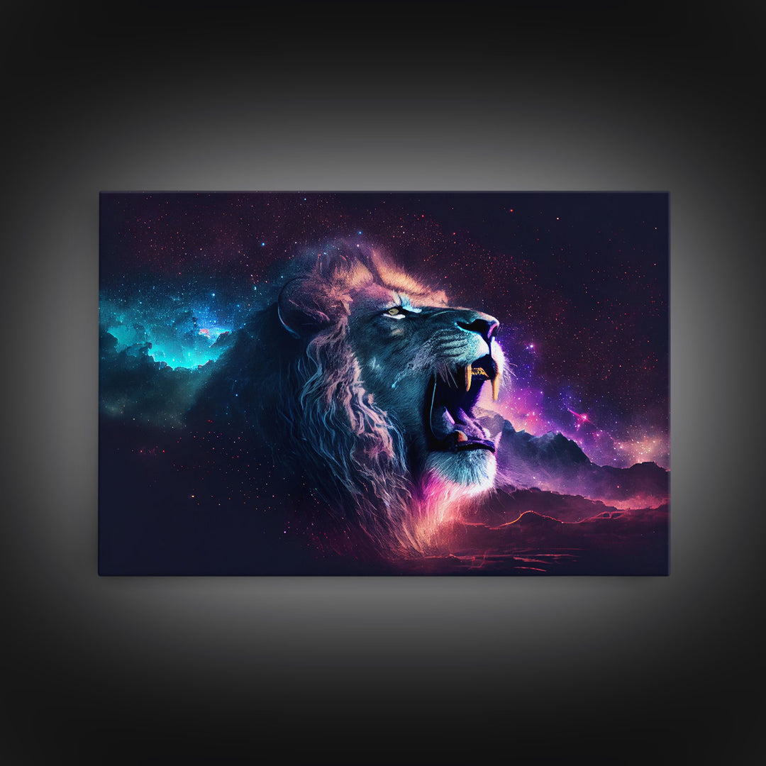 Cosmic Roar, lion roaring at the stars, synthwave galaxy and lion art, framed canvas print, unique framed wall art