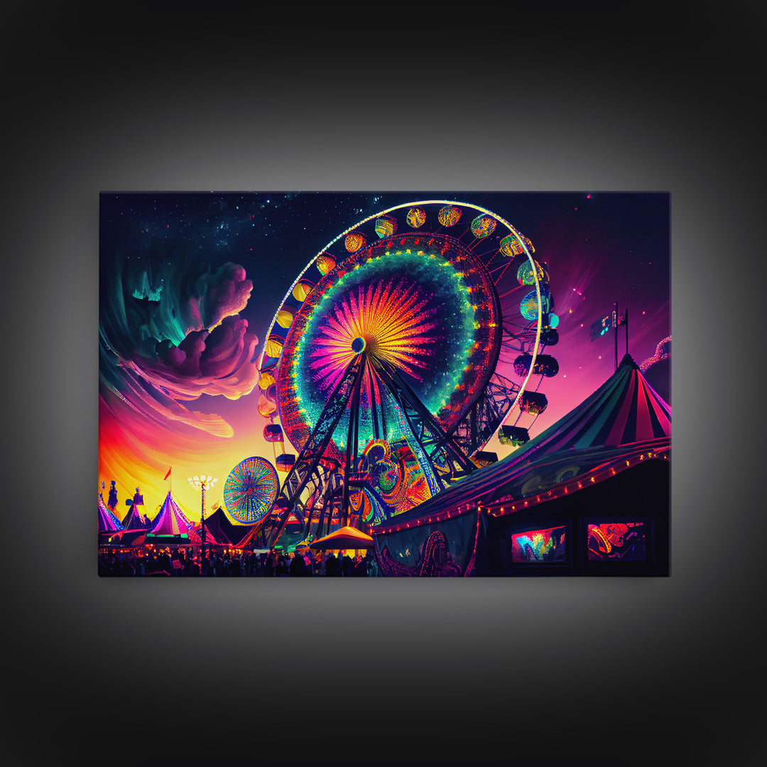 Synthwave ferris wheel watercolor art, framed canvas print, colorful vibrant wall decor, framed wall art