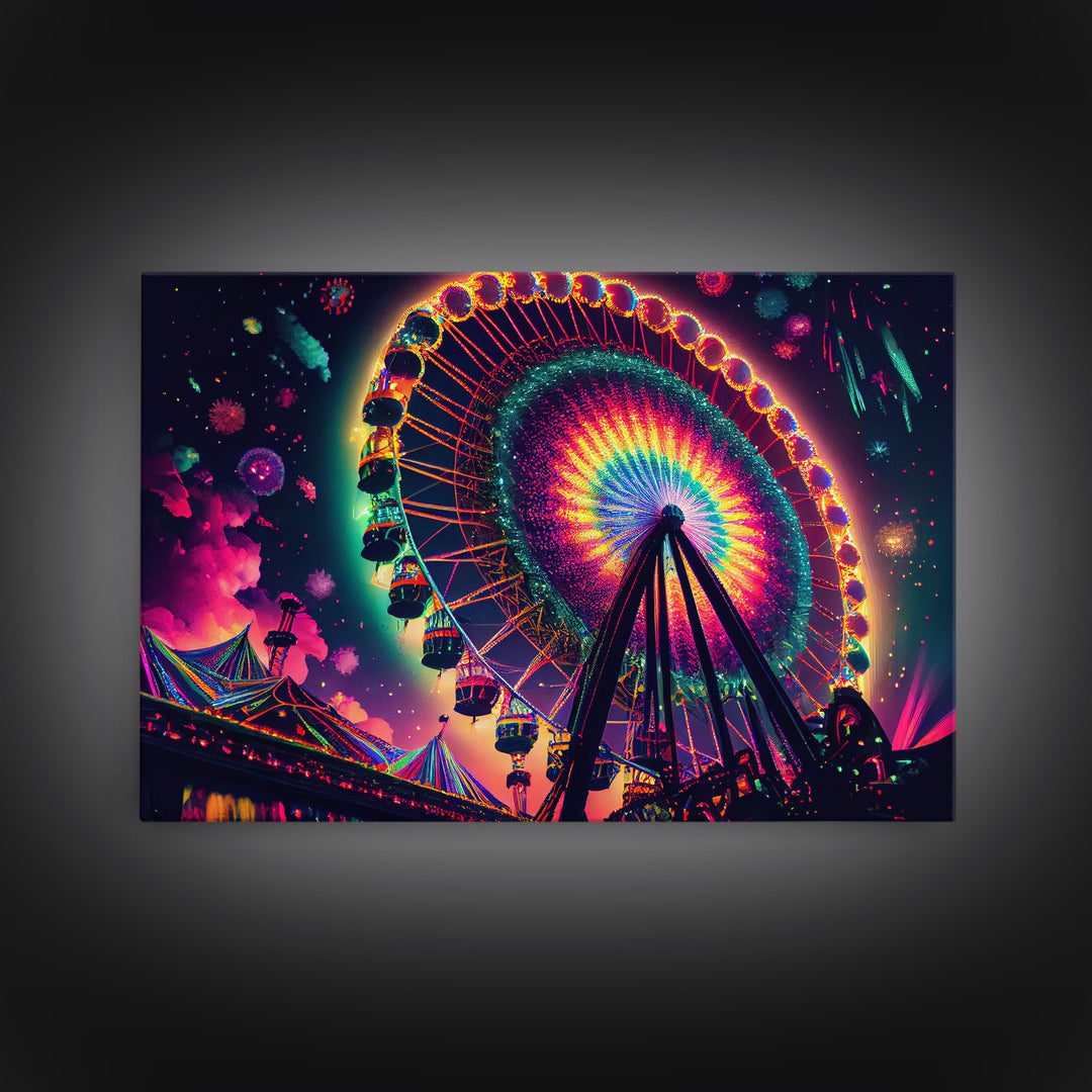 Colorful boardwalk art, neon lit night time ferris wheel, framed canvas print, framed wall art
