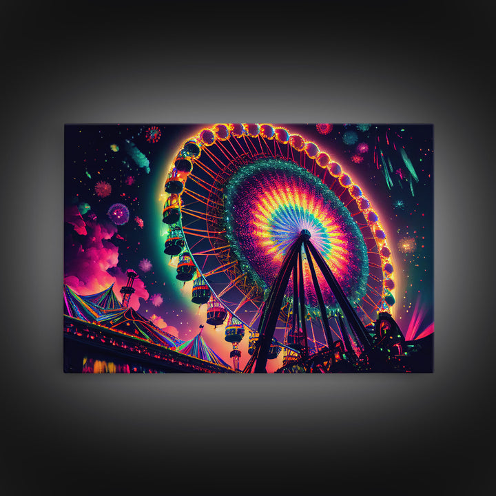 Colorful boardwalk art, neon lit night time ferris wheel, framed canvas print, framed wall art
