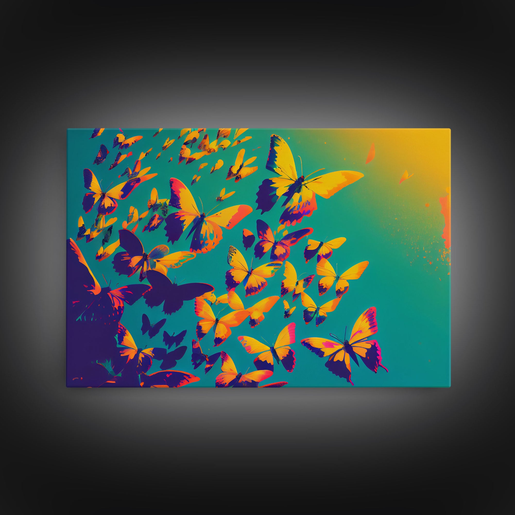 Synthwave Tangerine butterflies, beautiful butterfly art, framed canvas print, framed wall art