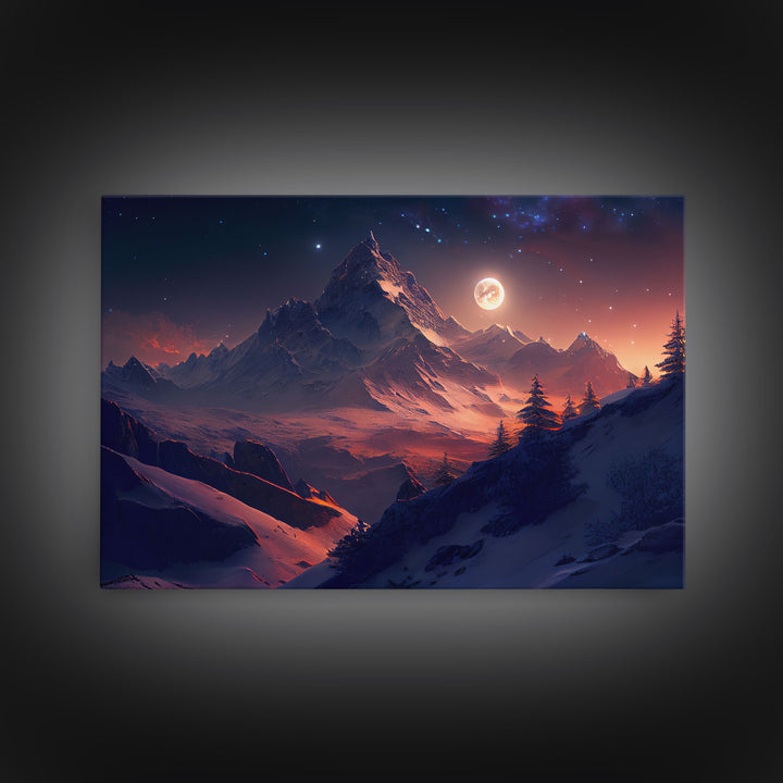 Mt. Everest Art, full moon over a mountain landscape, watercolor, framed canvas print, unique wall art
