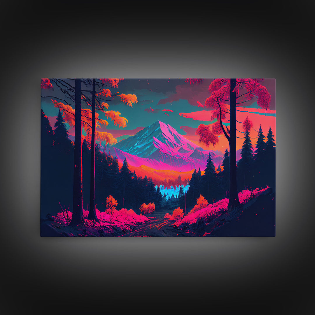 Synthwave style watercolor painting of a mountain and forest, framed canvas print, colorful wall art