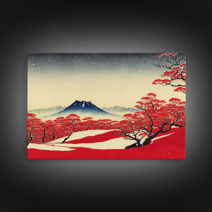 Mt. Fuji in the winter, Japanese style art, Japanese maple trees, framed canvas print, unique retro style art