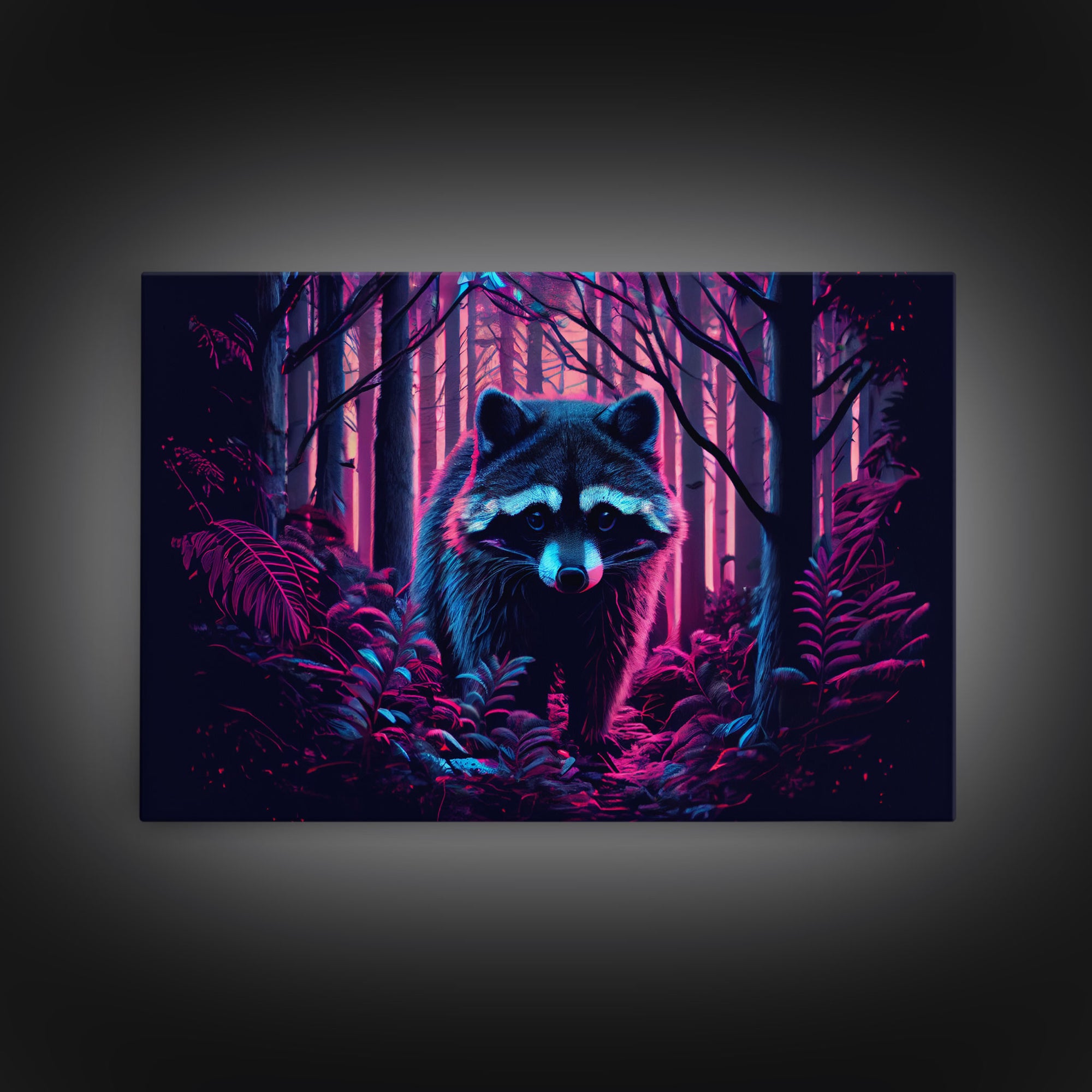 Cute racoon in the forest, vaporwave aesthetic animal art, framed canvas print, colorful animal art
