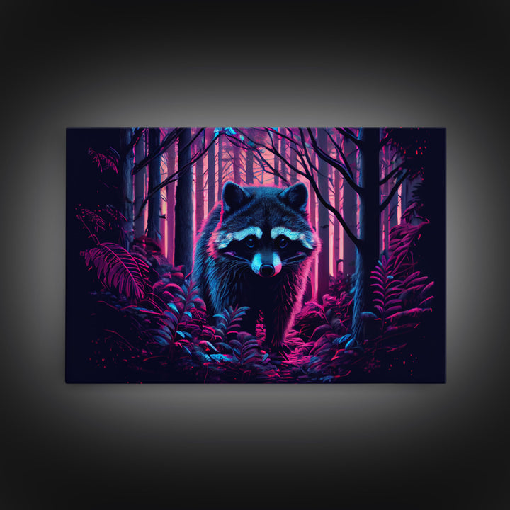 Cute racoon in the forest, vaporwave aesthetic animal art, framed canvas print, colorful animal art