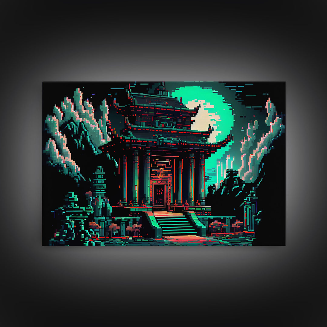 Japanese Pagoda pixel art, cyberpunk style pagoda, framed canvas print