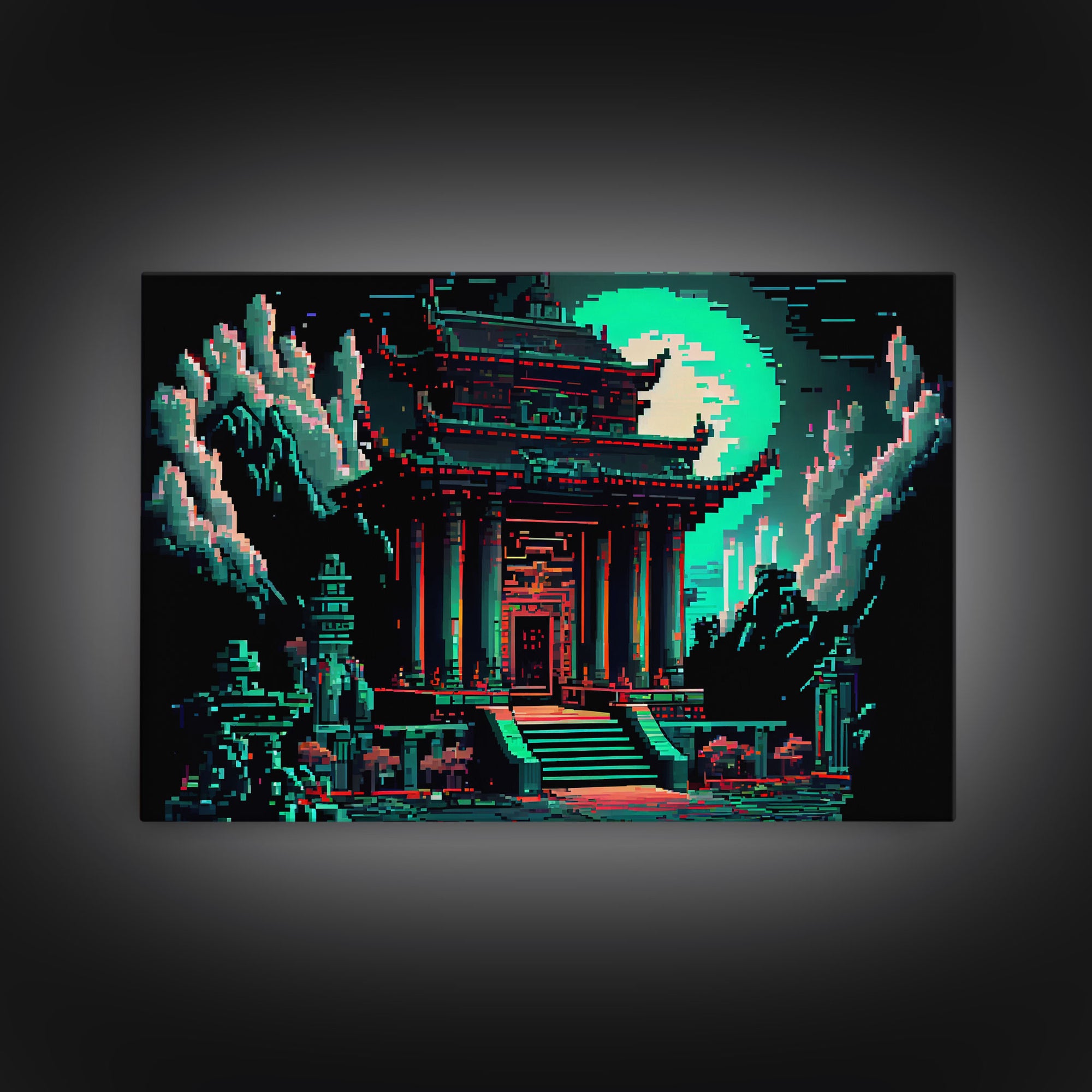 Japanese Pagoda pixel art, cyberpunk style pagoda, framed canvas print