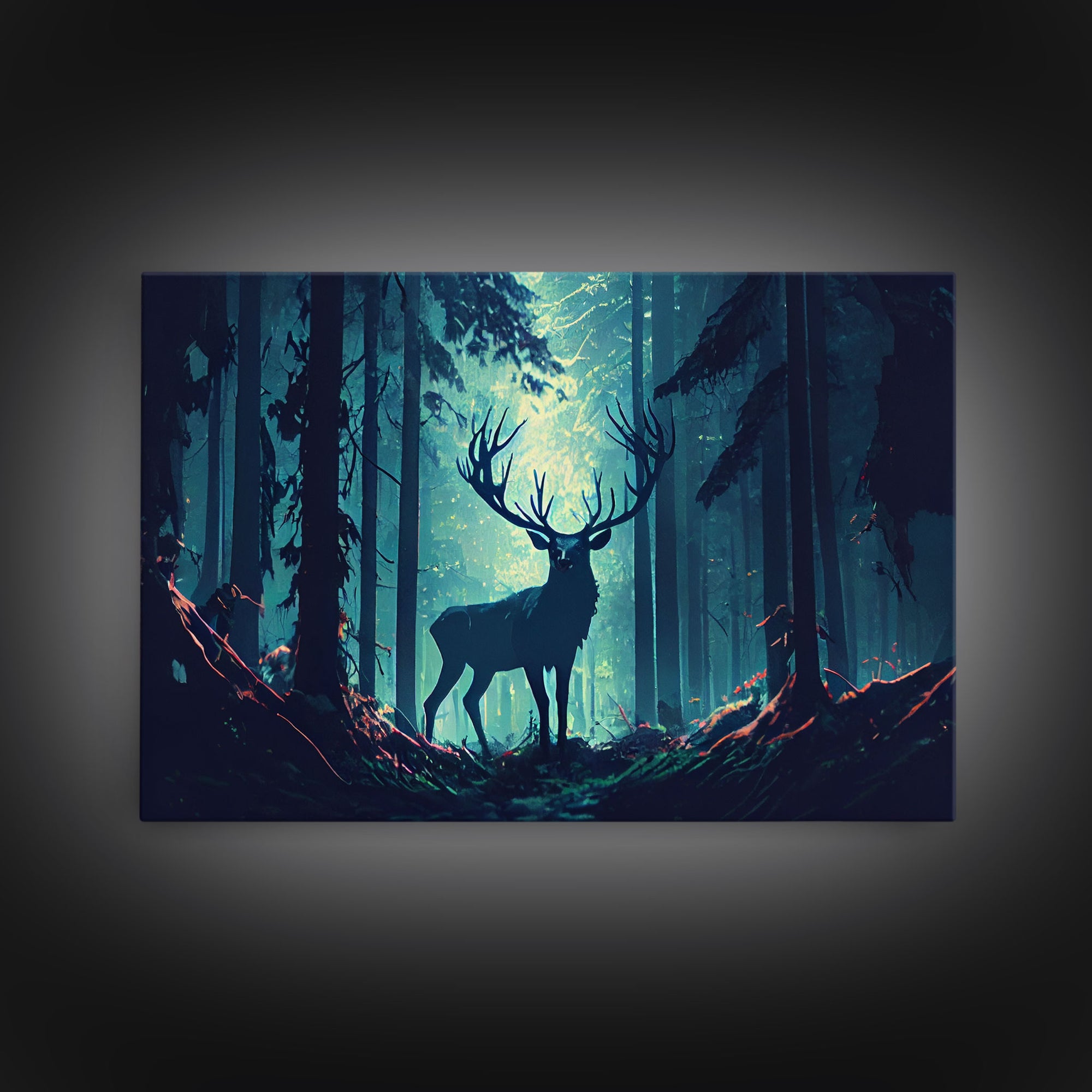 Mythical stag in the forest, fantasy art, framed canvas print, mythical creatures