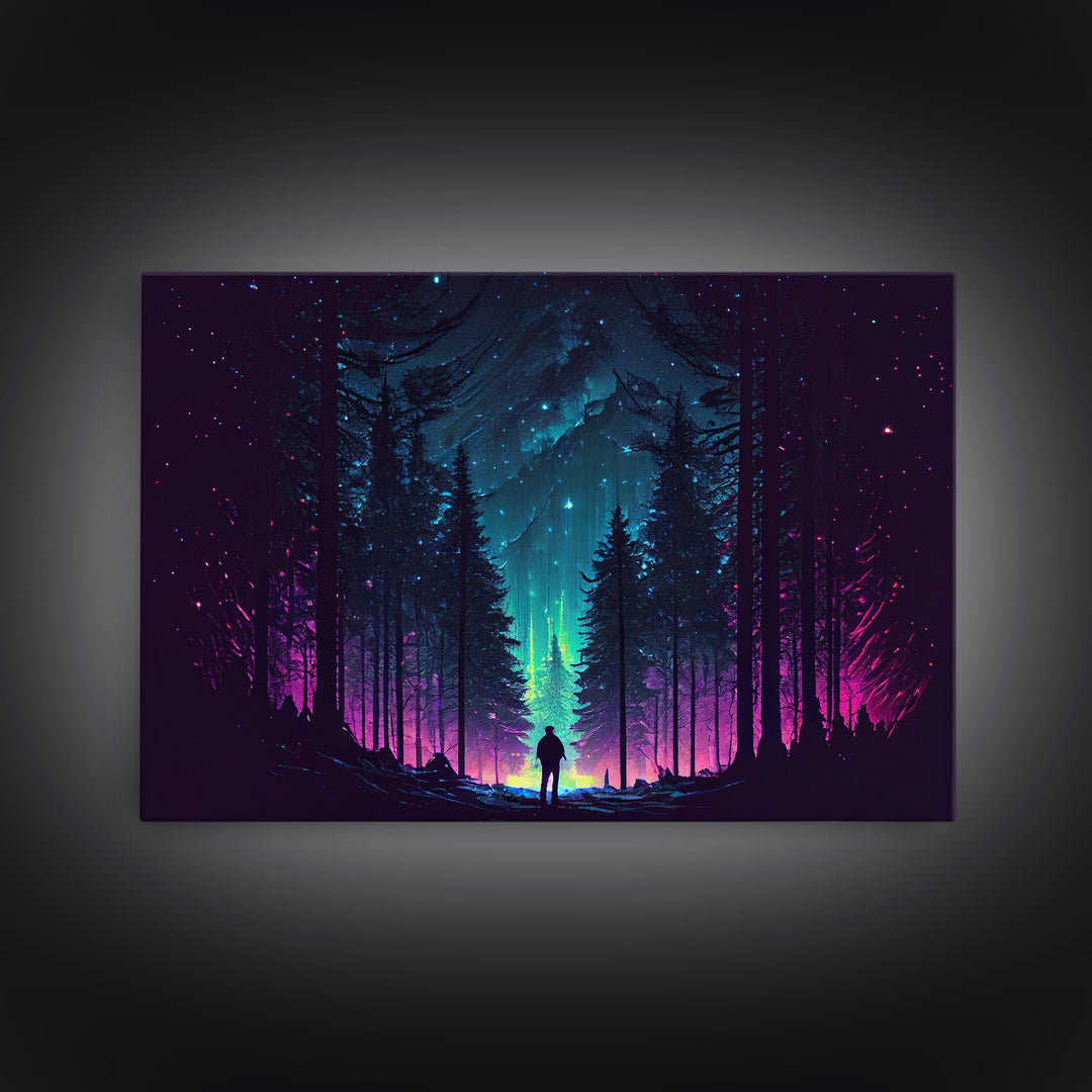Contemplating the stars, vaporwave aesthetic, forest art, starry night, framed canvas print