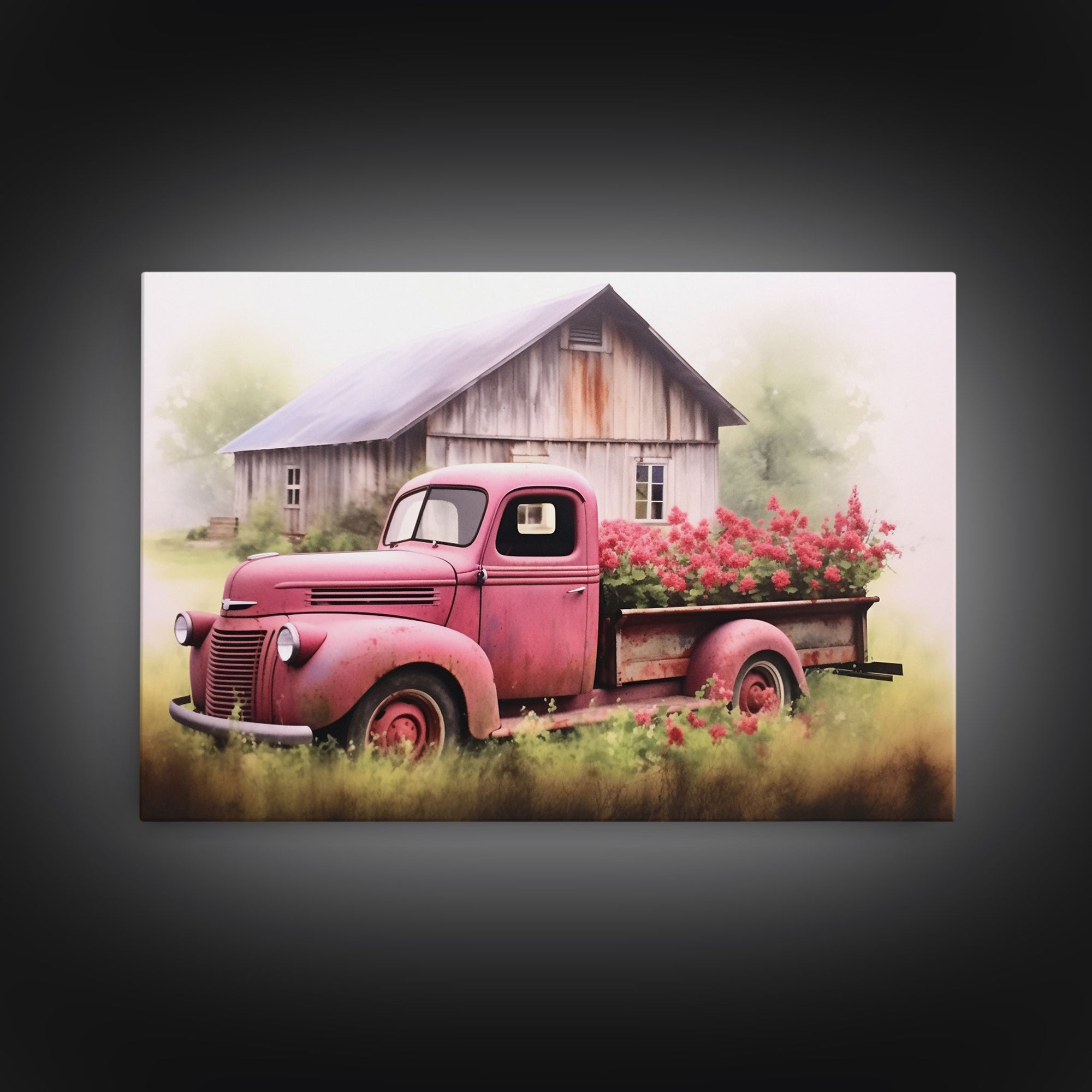 Old Pink Truck Used As a Flower Bed, Framed Canvas Print Or Poster, Rustic Farmhouse Decor, Primitive Art, Country Home Art