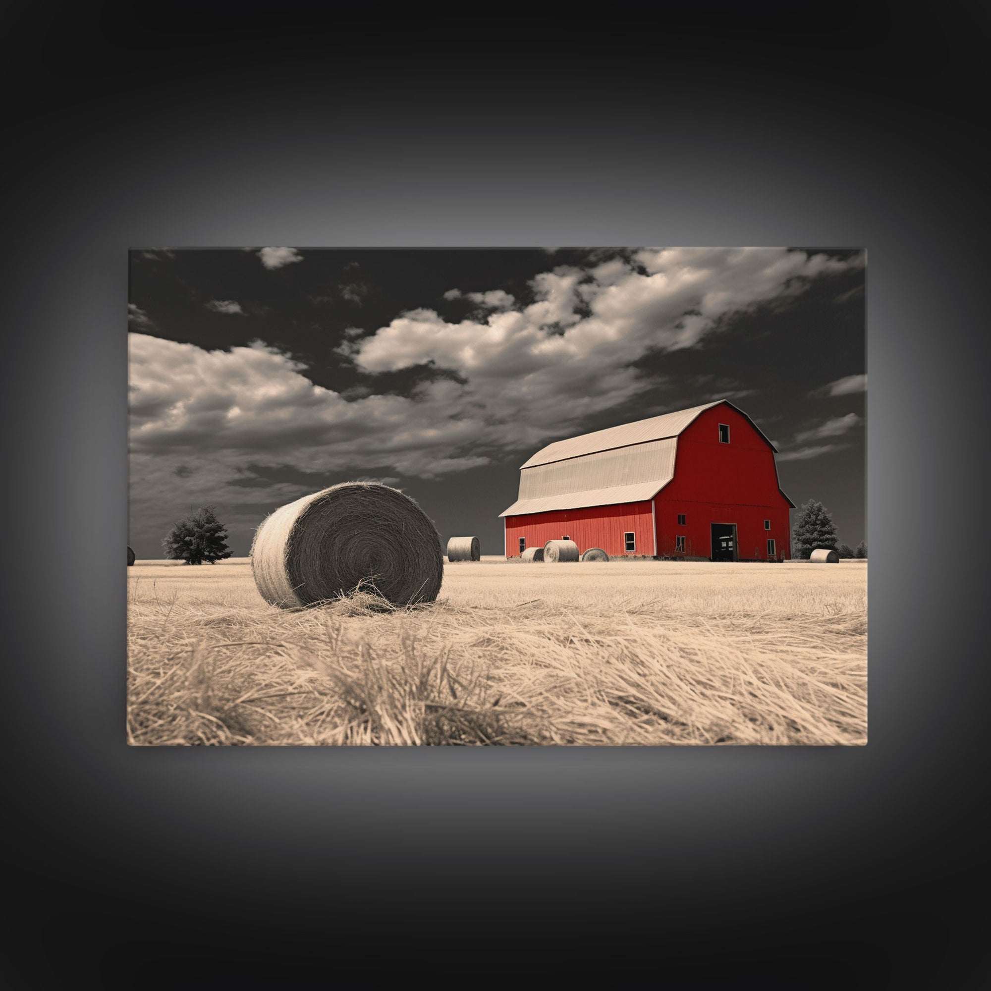 Wide Open Spaces, Red Barn Under A Storm Canvas Print, Rustic / Minimalist Cottagecore Wall Art, Framed Canvas Print, Hay Bale Art, Liminal