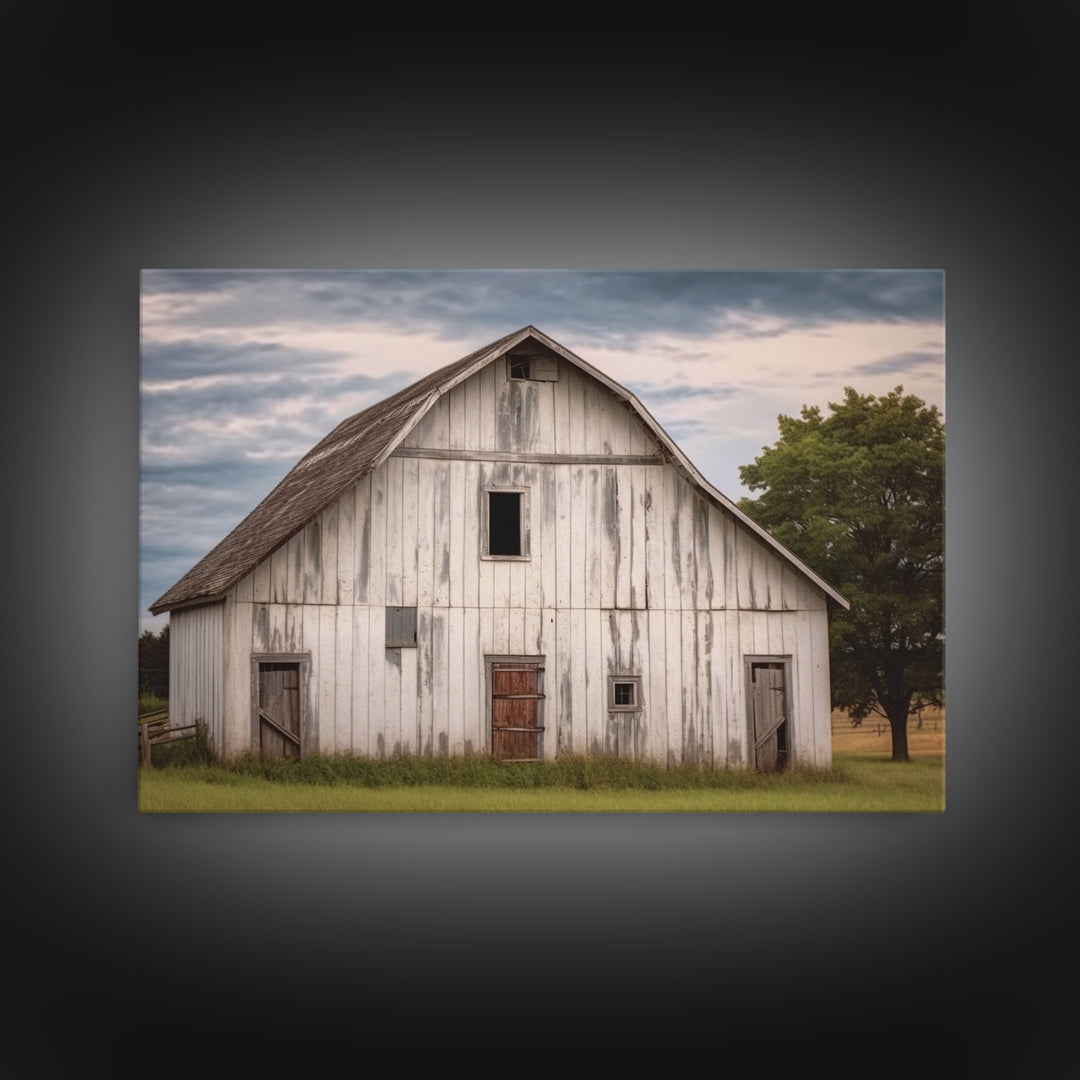 Rustic Farmhouse Wall Decor, White Barn Landscape Print, Farmhouse Living Room Decor, Farmhouse Kitchen Decor, Original Art, Old Barn Photo