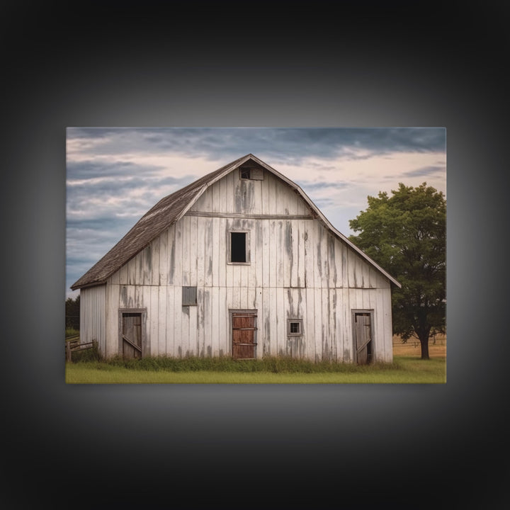 Rustic Farmhouse Wall Decor, White Barn Landscape Print, Farmhouse Living Room Decor, Farmhouse Kitchen Decor, Original Art, Old Barn Photo