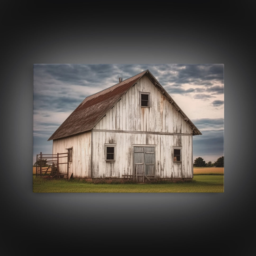 Rustic Farmhouse Wall Decor, White Barn Landscape Print, Farmhouse Living Room Decor, Farmhouse Kitchen Decor, Original Art, Old Barn Photo