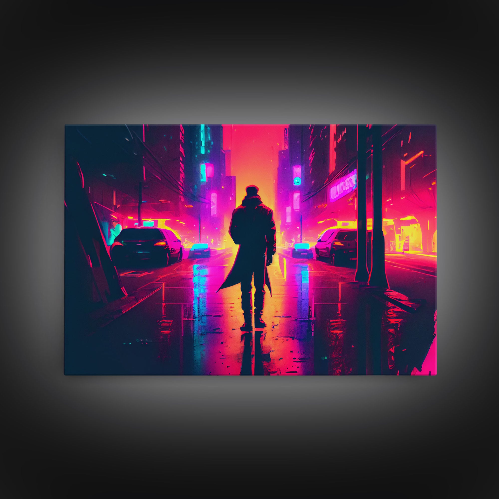 Cyberpunk bounty hunter art, vaporwave synthwave dystopian cityscape, framed canvas print