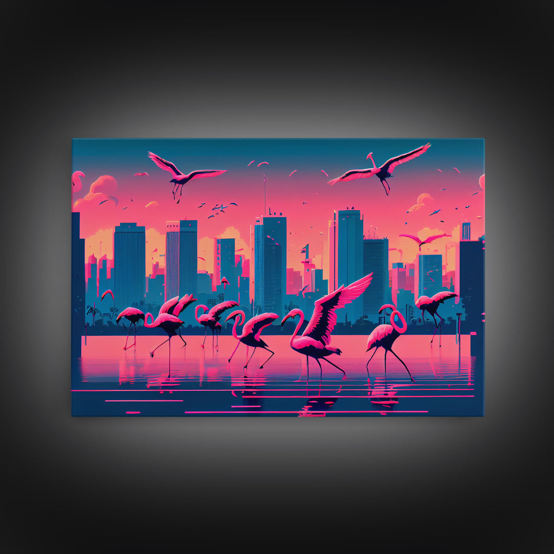 Pink Flamingos, Vaporwave aesthetic style art, framed canvas print, framed wall art