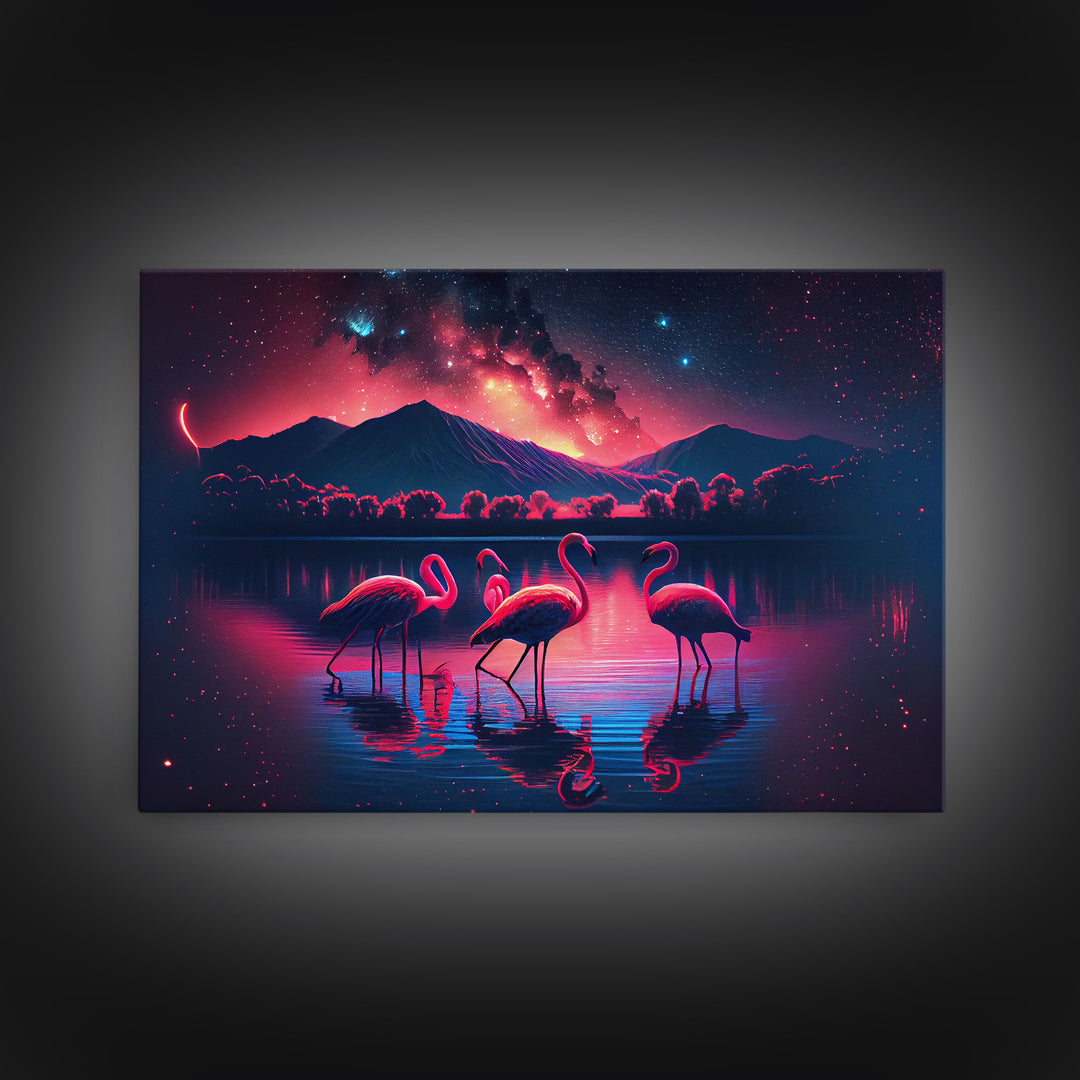 Pink Flamingos against a starry night sky, synthwave vibes, framed canvas print, framed art