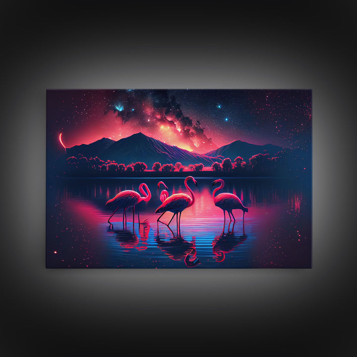 Pink Flamingos against a starry night sky, synthwave vibes, framed canvas print, framed art