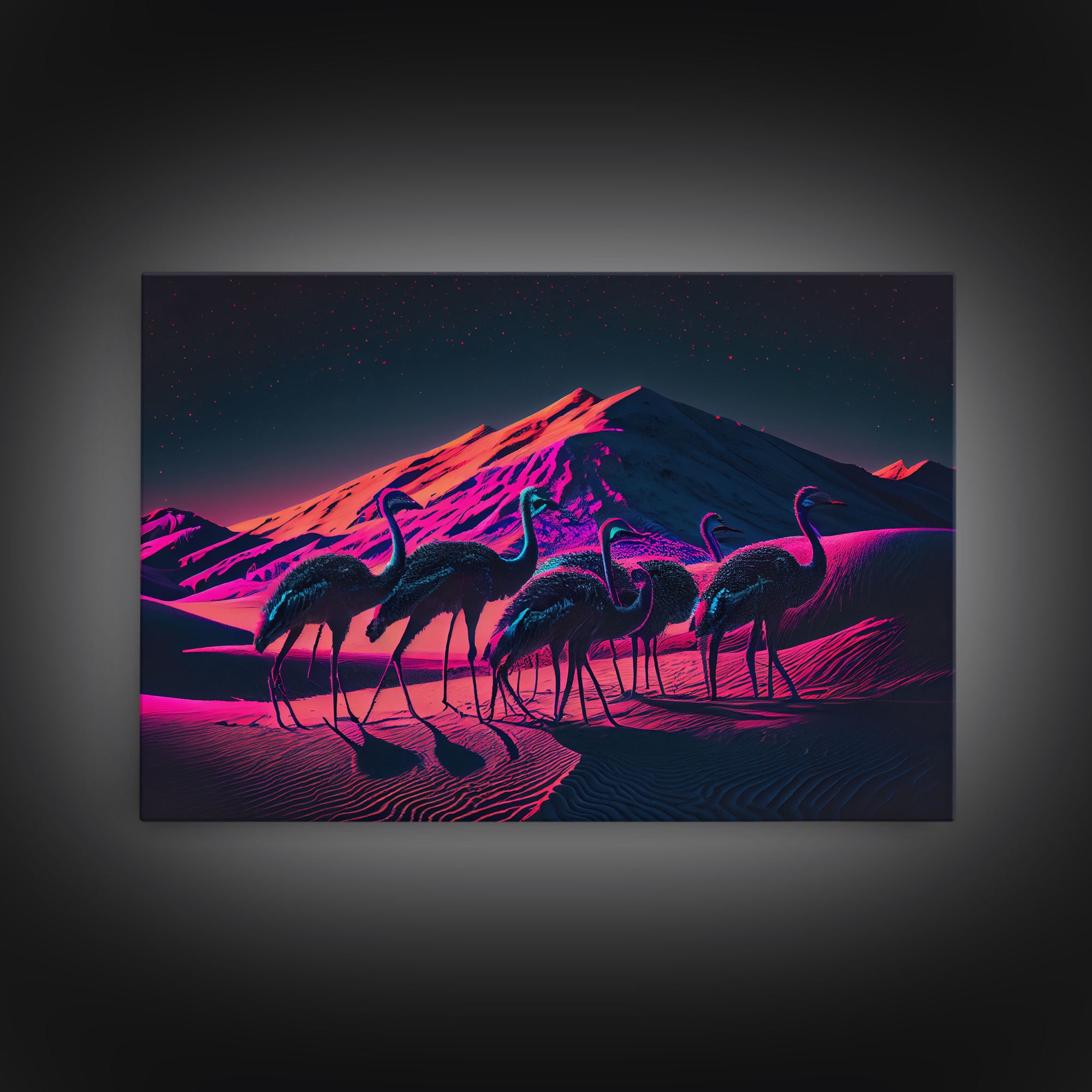Emus in the desert, animal prints, animal art, framed canvas print, vapor wave synthwave animal art