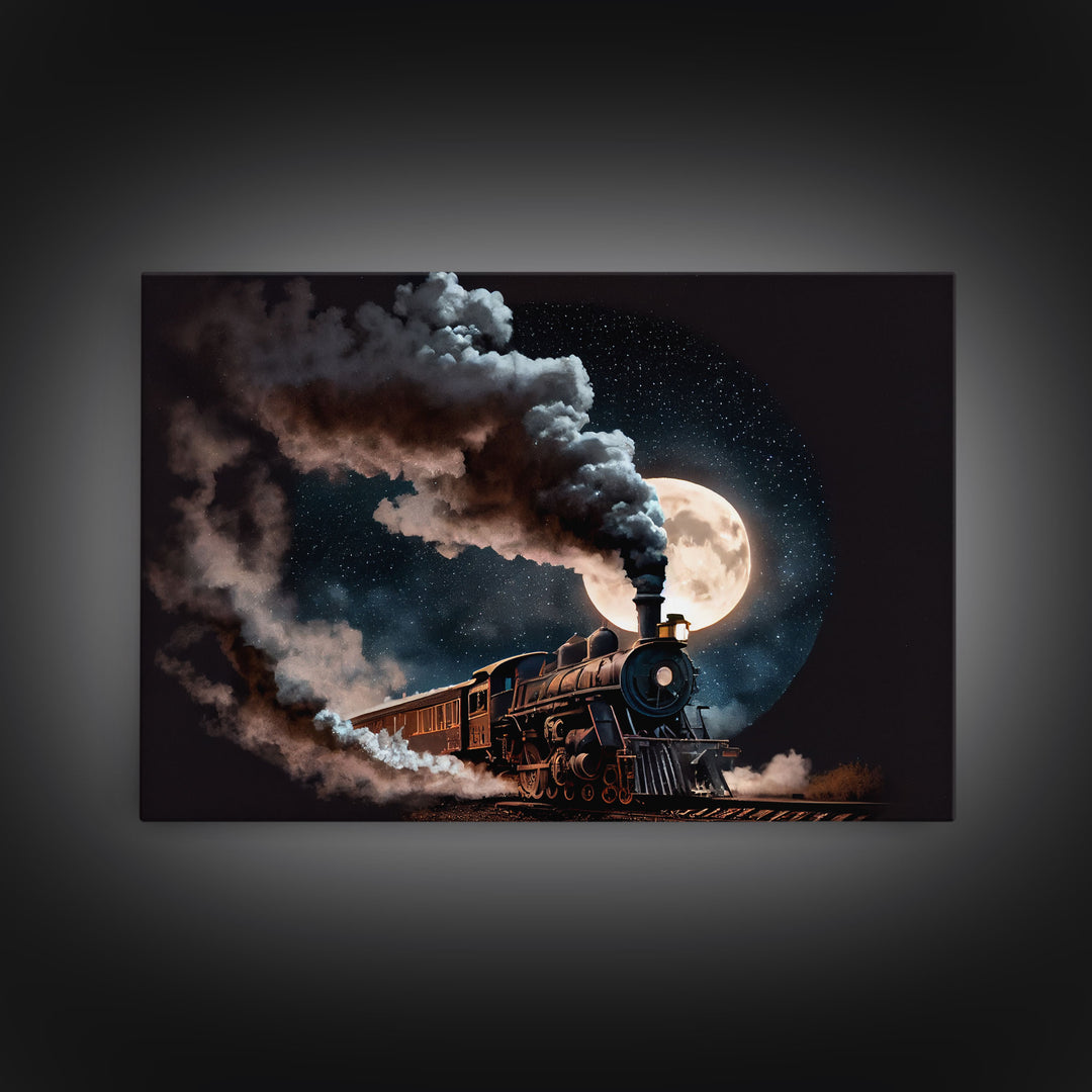 Steampunk Wild West Decor, Steam Train at Midnight, Framed Canvas Print